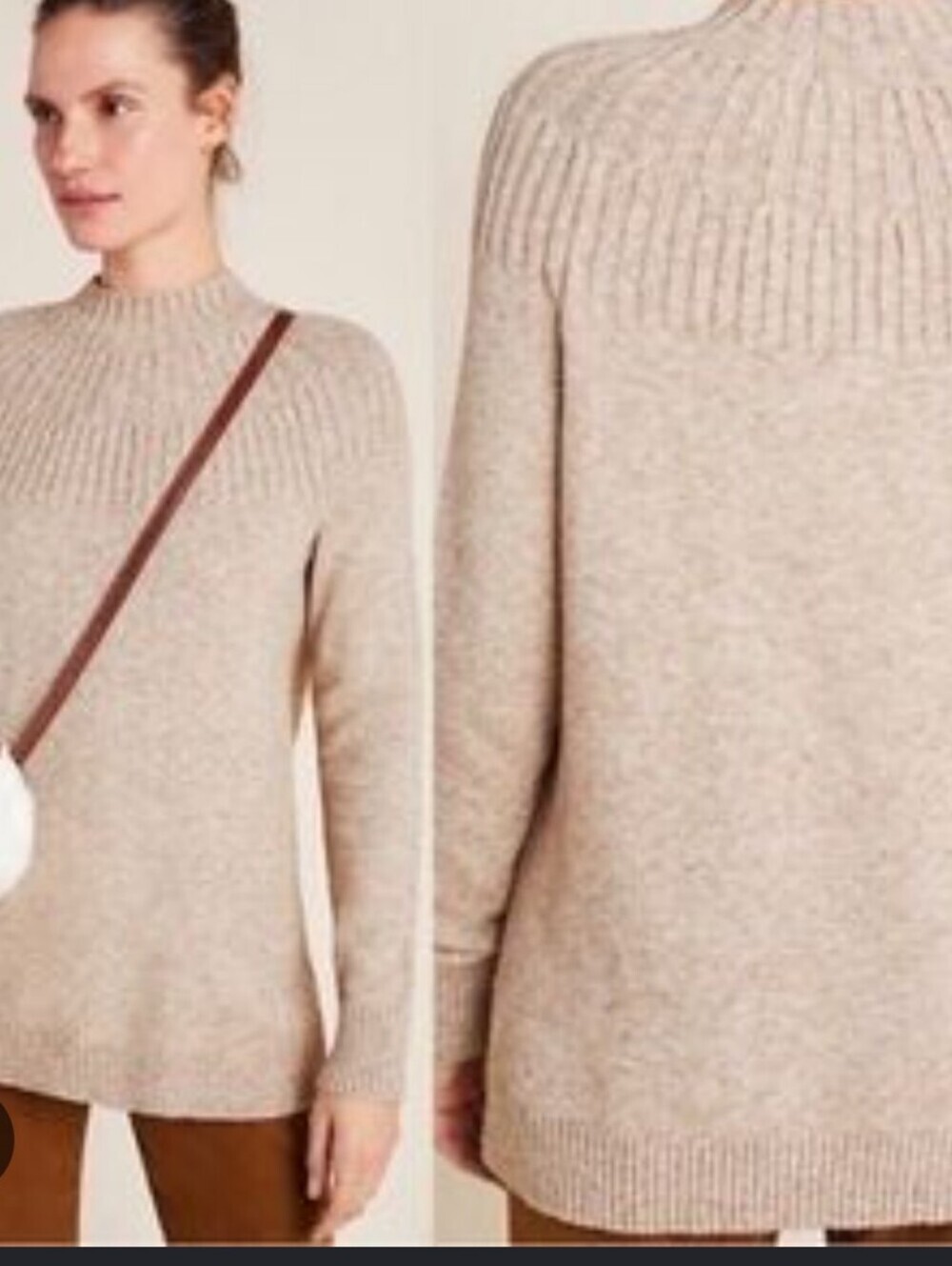 Anthropology High Mock Neck Cozy Rib-Yoke Crewneck Sweater Oatmeal Sz L Minimal